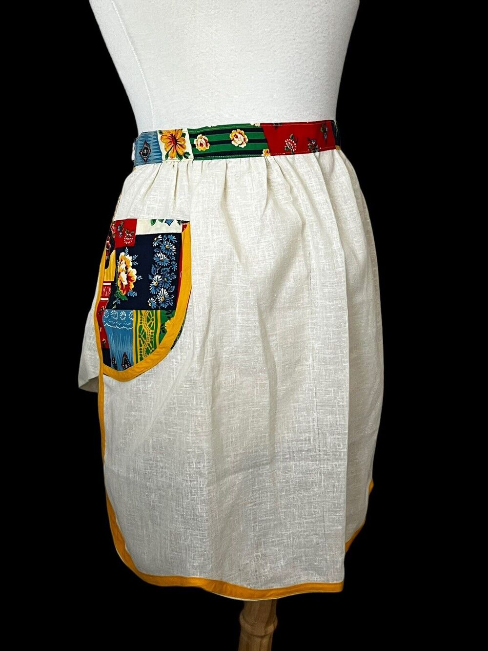 Vintage MCM Half Apron Linen Hostess Retro Floral Trad Cottagecore